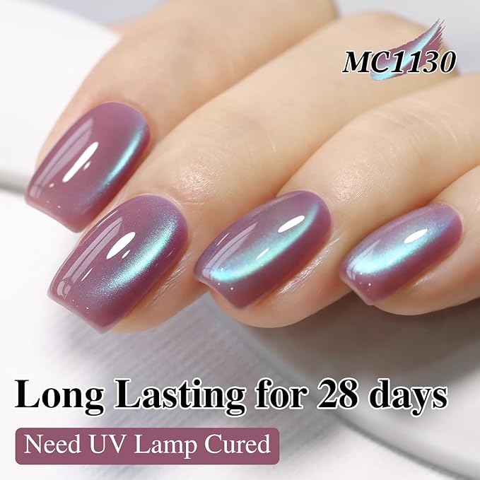 Double Rhythm 15ML Ice Glass Cat Eye Gel Polish with Magnet Holographic Glitter Shimmer Translucent Sheer Color Salon Soak Off Magnetic Nail at Home (Plum Purple-MC1130)