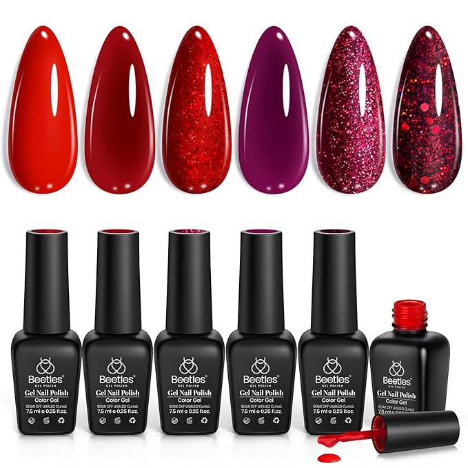 Beetles Red Gel Nail Polish Set Gel Polish 6 Colors Burgundy Red Glitter Purple Soak Off UV LED Art Design Decoration DIY Nail Gifts for Women Poinsettia