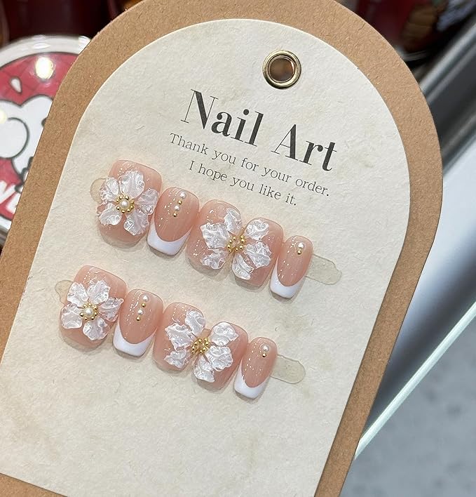 Handmade Press on Nails 3D Flower Embossed False Nails Short Square White French Acrylic Nails Reusable 3D Flower and Pearl for Girls Manicure Art Decoration Accessories (Size M)