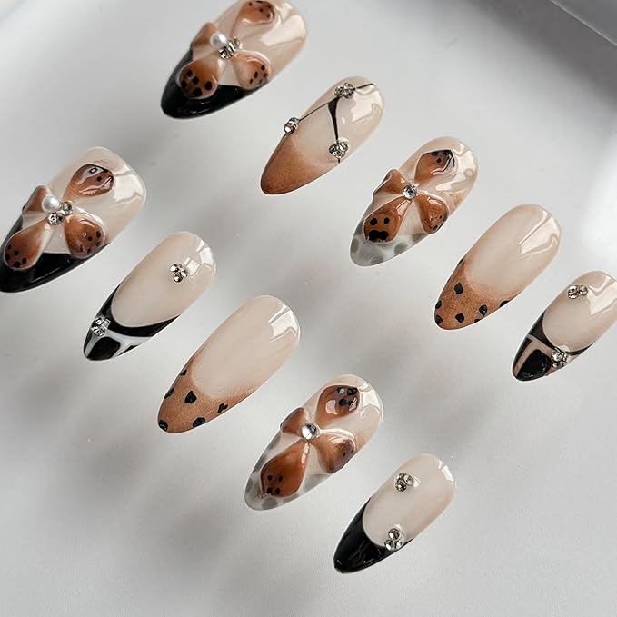 Luxury Press on Nails Short Almond Handmade 3D Unique Reusable ABS Material Fake Nails French Tip False Nails with Designs Polka Dots Flower Rhinestones Brown Glossy Glue on Nail Thick Acrylic Nail(S)
