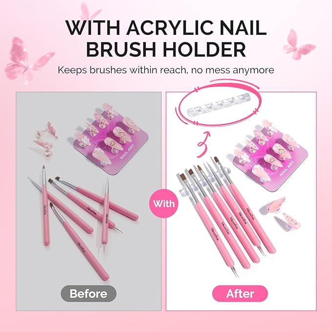 MelodySusie Nail Stand for Press Ons, Super Pink Metal Square With Butterfly Pattern Magnetic Base for Painting Display with Brush Holder And Reusable Double-Sided Tape for Home DIY Salon Supplies
