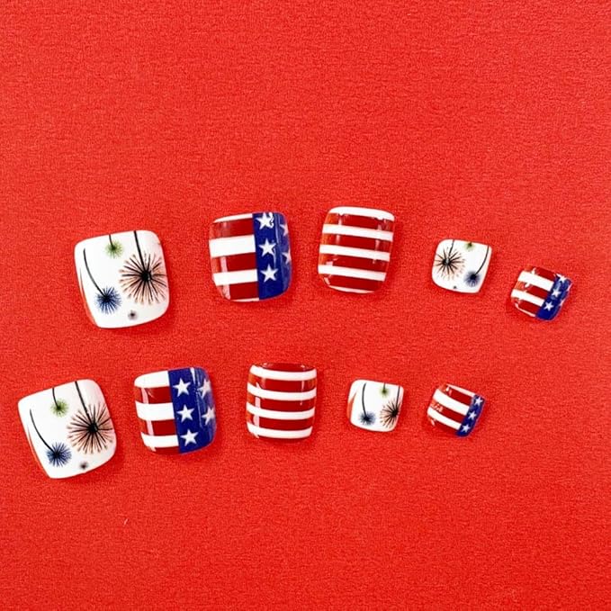 4th of July Press on Toenails Short Square Fake Toenails with Dandelion Design Red Blue USA Flag Toenails Striped False Toenail Glossy Summer Independence Day Toenail for Women Manicure 24Pcs