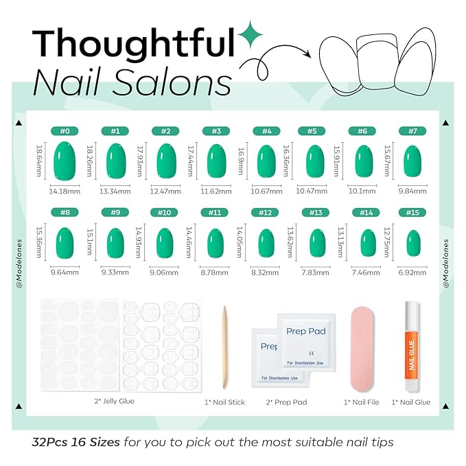 modelones Bright Green Short Press on Nails, Oval Fake Nails Kit Press Ons with Nail Glue, Adhesive Tabs, Nail File, Prep Pad, Manicure Stick, 32Pcs 16 Sizes, Spring Women Girl Gift