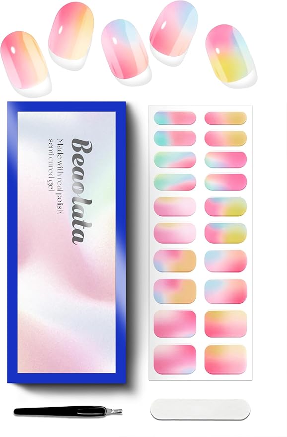 Semi Cured Gel Nail Strips - UV Light Gel Nail Stickers - 20 Long Lasting Salon Quality Wraps (Joyful Drops Pink)