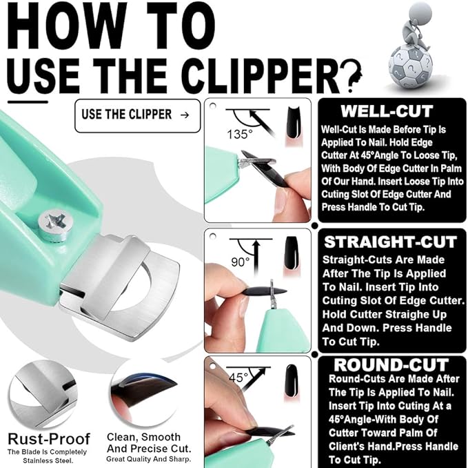 Nail Tip Clipper Edge Cutter False Trimmer Adjustable Stainless Artificial Acrylic Fake Manicure Pedicure Stainless Steel Nail Trimmer Sharp Stainless Steel Blade Clip Tool Nail Design DIY Use Green