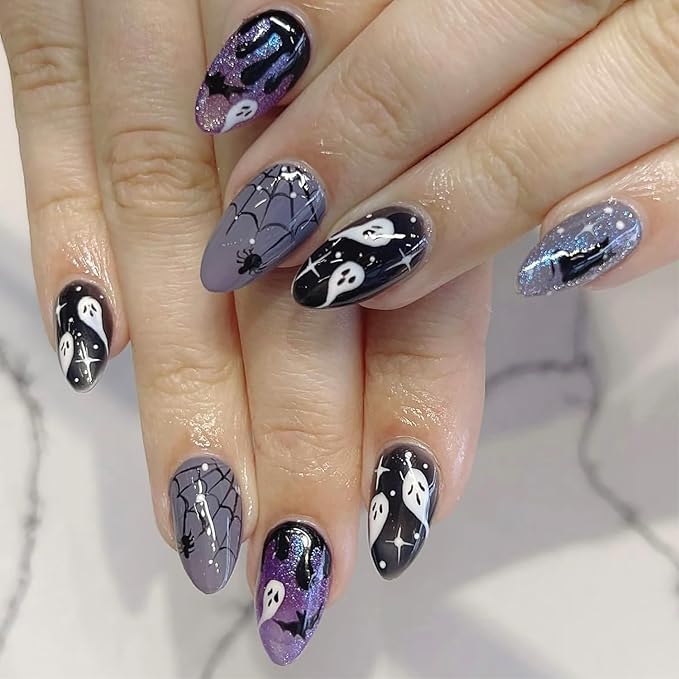 30Pcs Halloween Press on Nails Medium Almond Fake Nails Gothic Ghost Skull Bat Spider False Nails with 3D Blood Design Black Purple Glossy Glue on Nails Full Cover Artificial Stick on Nail for Women