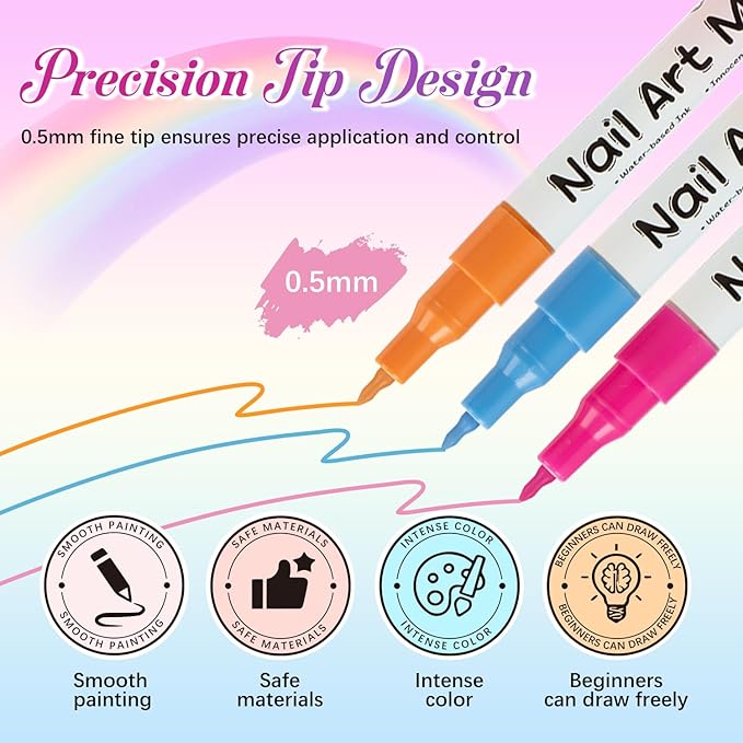 12 Colors Nail Art Pens Set, 3D 0.5MM Nail Polish Pens, DIY Nail Markers, Quick Drying Long Lasting Paint Graffiti Point Dotting Liner Pen Tools for Home & Salon