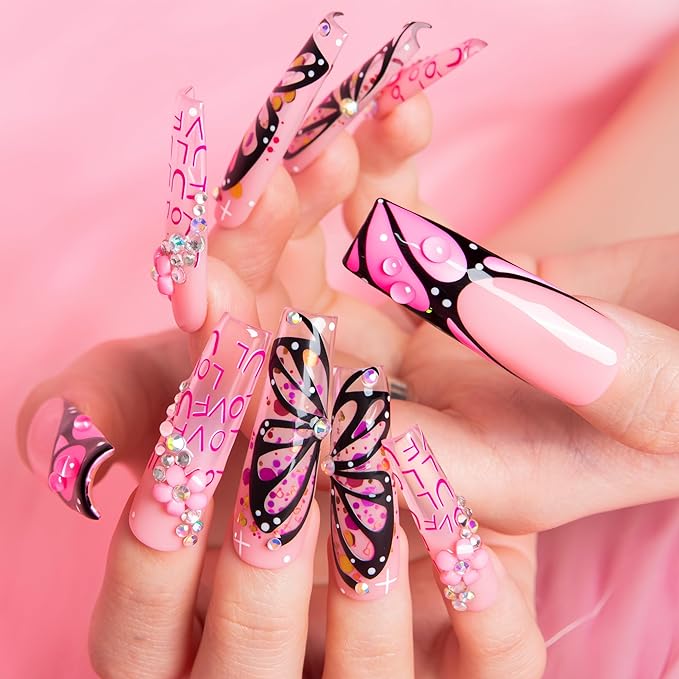LOVFUL Press on Nails Pink Flutter| Handmade Acrylic Press ons| Reusable Fake False Nails| Square Mid length 1.7in| H723-S