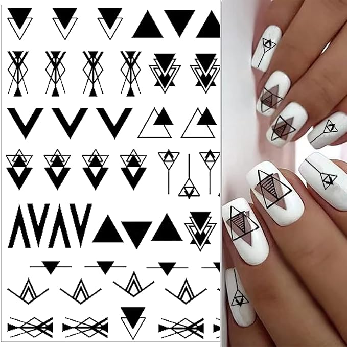 10 Sheets Black White Geometric Nail Art Stickers Decals 3D Self-Adhesive DIY Geometry Triangular Rhombus Minimalist Design Acrylic Nails Supplies Manicure Decorations Tip for Women Men