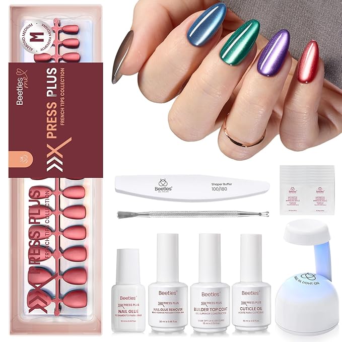 Beetles Cat Eye Nails Kit - Midnight Aurora | 7 Colors Cat Eye Press On Nails Medium Almond | 224Pcs 16 Sizes All-in-One Kit With Nail Glue,Remover,Builder Top Coat,Nail Lamp Gift