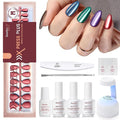 Beetles Cat Eye Nails Kit - Midnight Aurora | 7 Colors Cat Eye Press On Nails Medium Almond | 224Pcs 16 Sizes All-in-One Kit With Nail Glue,Remover,Builder Top Coat,Nail Lamp Gift