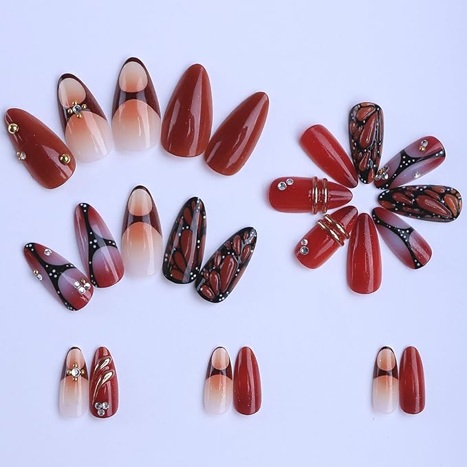 Almond Press on Nails Long Fake Nails Red Acrylic Nail Press ons SEENEEY Black Butterfly Designs Gold Charm Rhinestones Stick on Nail for Women 24pcs