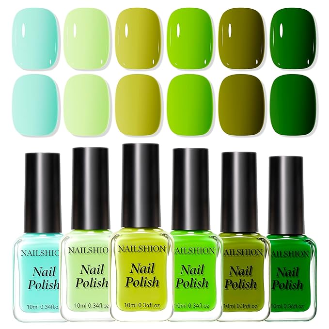 Green Nail Polish Set - 6 Colors Light Dark Green Olive Teal Natural Milky Gree n Shade for All Seasons, Quick Air Dry Non Gel, Nail Art DIY at Home Manicure Gift for Women Girls