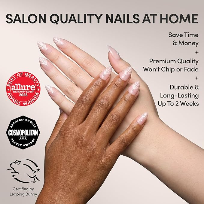 Glamnetic Press On Nails - Honeymoon | Short Almond Nude Fake Nails with 3D Nail Art and Glossy Velvet Finish, Salon Quality | 15 Sizes - 30 Nail Kit with Glue