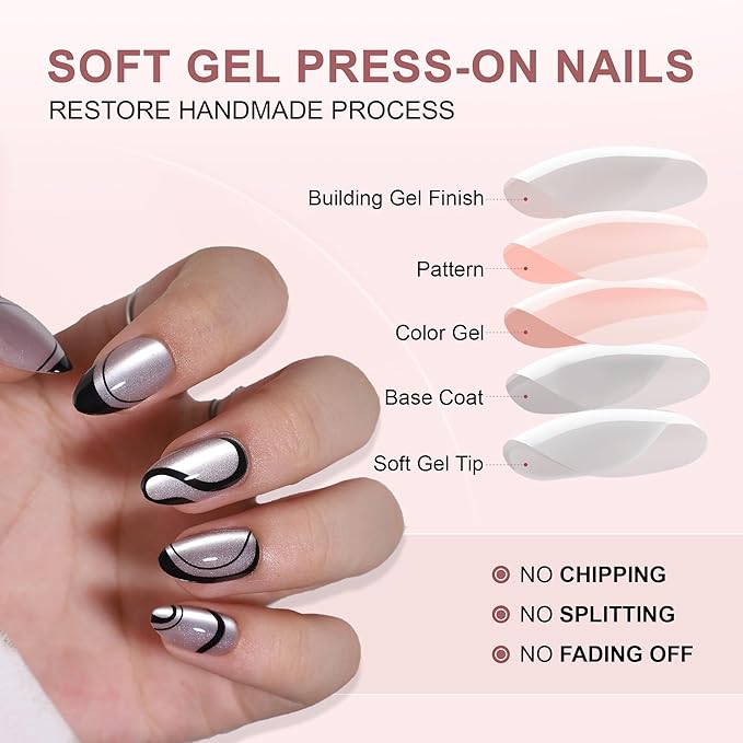 RTKHFZE Press on Nails Almond - Soft Gel Swirl French Tip Press On Nails Short with Nails Glue,Cat's Eye Nails Tips,Fit Perfectly,Reusable Stick on Nails in 16 Sizes - 32Pcs Gel False Nails Kit