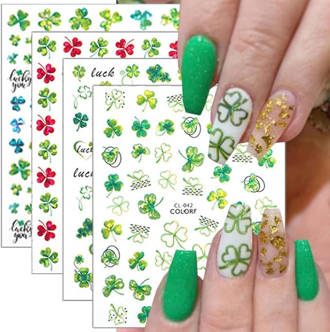 8 Sheets Laser St. Patrick's Day Nail Art Stickers 3D Holographic Glitter Shamrock Nail Stickers Self-Adhesive Luck Clover of Irish Nail Decorations Spring Summer Nails Supplies for Women Holiday DIY