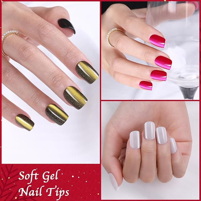 Cat Eye Press on Nails Short, OPkssnails 150pcs Summer Glittering Square Nail Tips, Soft Gel Nails False Nail, Soak Off Acrylic Fake Nails Extensions in 15 Sizes