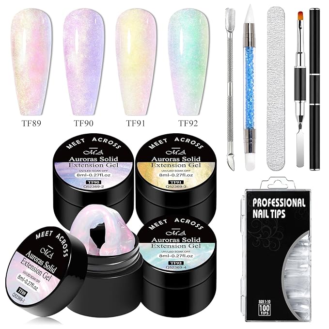 MEET ACROSS 9Pcs 3D Builder Gel Kit for Nail Art Aurora Pink Purple Non Sticky Hand Carving Extension Solid Builder Gel for Nails with Silicone Pen Manicure Kit 4 Colors