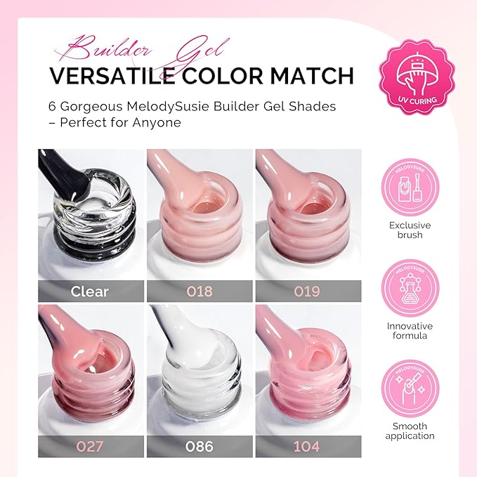 MelodySusie Builder Gel Nail Polish Set, Base Colors Nude Pink White Clear Nail Thickening Rubber Base Gel Polish,Soak Off UV Extension,Rhinestone Nail Glue in a Bottle Gift for Women 6 Colors