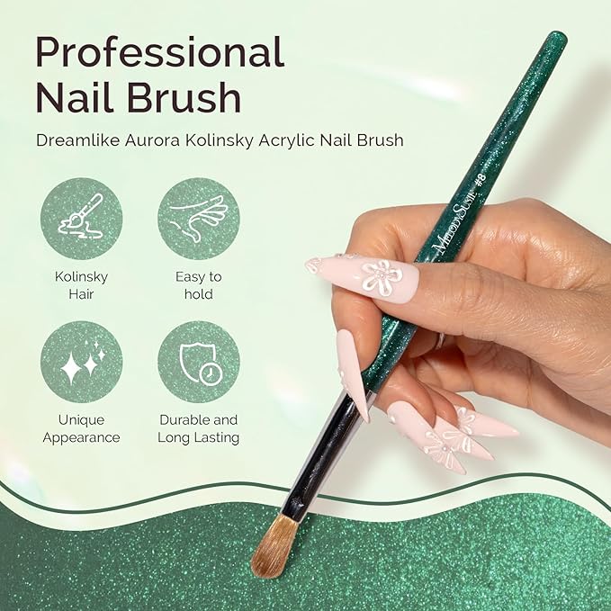 MelodySusie Kolinsky Acrylic Nail Brush,66% Kolinsky Hair Professional Nail Art Brush for Acrylic Application,Aurora Collection Fine Glitter Brush,Size 8