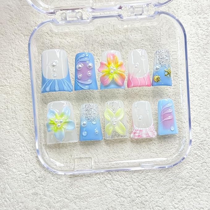 3D Flower Blue Gradient Handmade Press on Nails Shiny White Pearl Design Pink Gradient False Nails with Gold Shell Starfish Artificial Acrylic Full Set Press on Nail for Women Girls 10 Pcs （Size M）