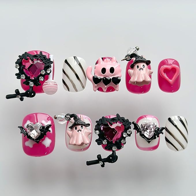 Halloween Press on Nails Short Square Cute Handmade Nails 3D Unique Reusable ABS Material Fake Nails Pink False Nails with Designs Cute Ghost Heart Charms Glossy Glue on Nail Thick Acrylic Nail(S)