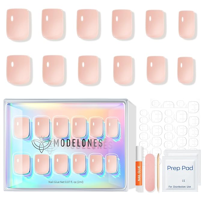 Modelones Nude Pink Press on Nails, Spring Short Square Fake Nails, Semi-Transparent Reusable Nail Kit with Nail Glue Adhesive Tabs Mini Nail File, Nails Press Ons 32Pcs16 Sizes, Women Girl Gift