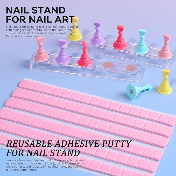 Nail Art Stand Tools Kit: 15 Pcs Nail Brush 5 Pcs 2-way Dotting Tool 2x Holder for Painting Nails and Press ons 96x Reusable Adhesive Putty and Tweezer Design Supplies Set for Women Salon Home