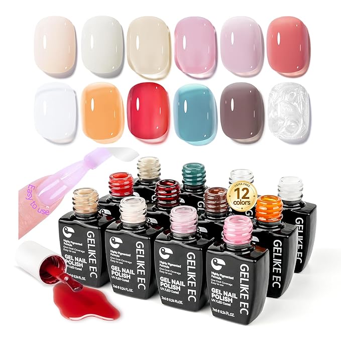 Gelike EC Jelly Color Gel polish: 12 Nail Gel Colors Set with Hema Free Formula Easy to Use On Natural or Acrylic Nails for Teens and Young Women Manicure DIY Home - Valentine & New Year Gift