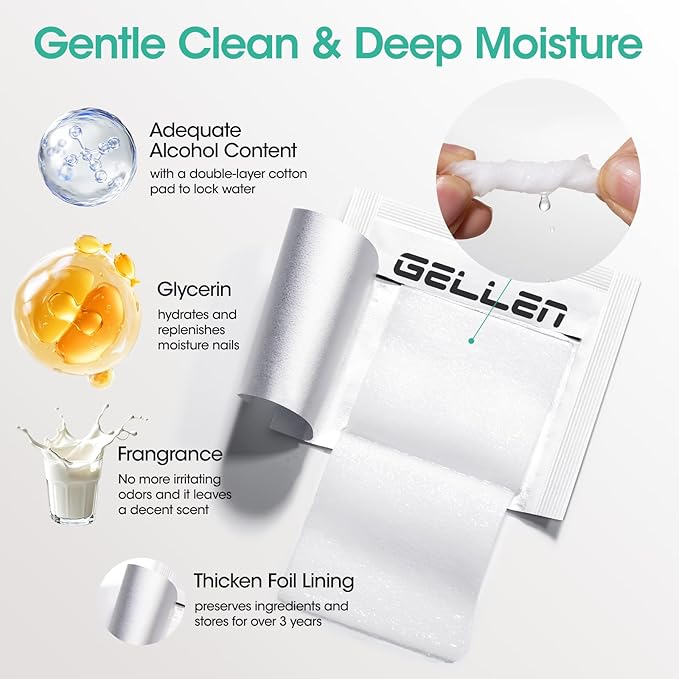 Gellen 400 Pack Nail Cleanser Pads, Alcohol Pads for Nails, Individually Wrapped Nail Prep Pads, Lint-free Tacky Layer Residue Remover Wipes for Acrylic & Builder Gel Polish Press-ons