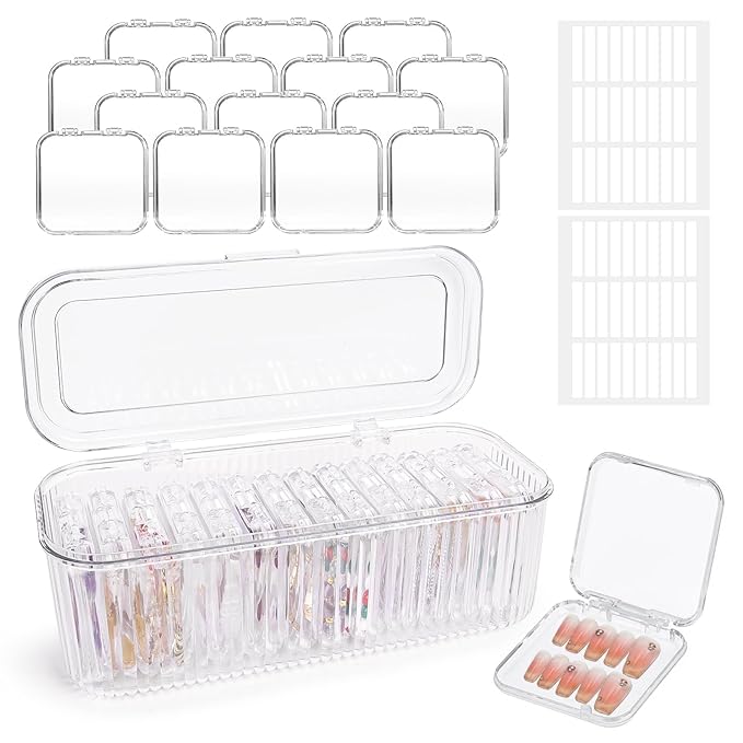 INMORVEN Press On Nail Storage Box 14 PCS Organizer with 1 Large Case & 60 Adhesive Tapes, Clear Acrylic Display Container for Fake Nails Salon Business or Personal Use (14 PCS Single Layer)