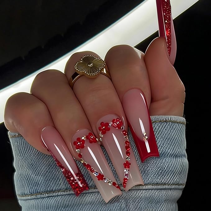 Long Press on Nails Square Fake Nails Red Artificial Nail SEENEEY Heart Love Rhinestones Cute Stick on Nail for Women 24pcs