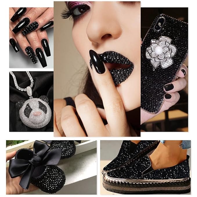 2052Pcs Black Nail Rhinestones Multi Shapes Jet Black Rhinestones for Nails Flatback Nail Gems K9 Glass Dark Black Round Beads Stones Diamonds Nail Charms Art for Nails Face Eyes Makeup Crafts
