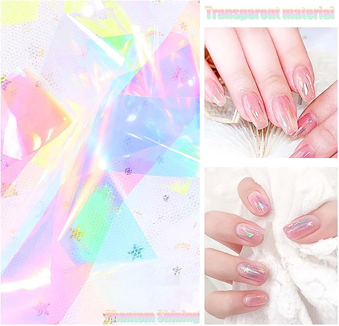 20 Rolls Gradient Aurora Glass Paper Nail Art Sticker 3D Holographic Aurora Glass Reflective Mirror Shard Effect Rainbow Thin Iridescent Cellophane Films Foil Nail Wraps for Women Nail Art