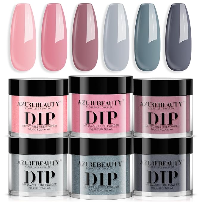 AZUREBEAUTY Dip Powder Nail Set, All Season 6 Colors Nude Pink Gray Dipping Powder Nail Starter Kit French Art Manicure DIY at Home Gifts for Women Girls, No Need Nail Lamp Cured