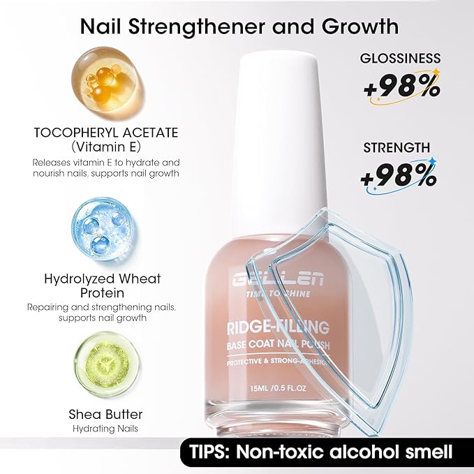 GELLEN Clear Nail Polish Ridge Filling Base Coat, Sheer Nude Tint Ridge Filler For Nails | Smooth Strengthen Nourish Damaged Dry Finger Nails | Shea Butter, Vit E, Protein | Toxin HEMA & TPO Free