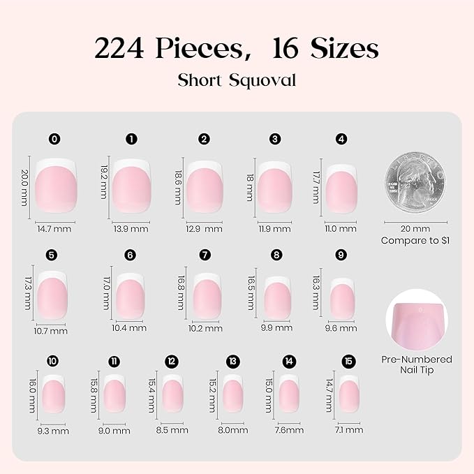 Beetles X Press Plus French Tip Nails - Camellia French | Pink Short Squoval Press On Nails | 16 Sizes 224 Pcs Natural Salon Quality Gel Nail Tips