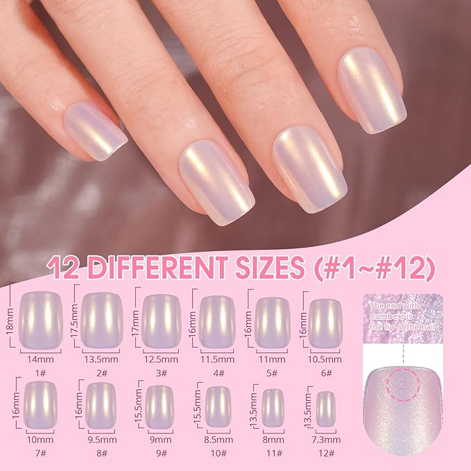NEW Press on Nails Short, Jofay Fashion 120Pcs Salon-Like Fake Nails with French Mermaid/Pearl/Aurora Chrome Nail Designs, Glossy Artificial Acrylic False Nails, Glue on Nails for Women