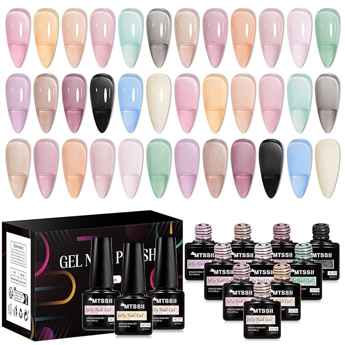 MTSSII 18PCS Jelly Gel Nail Polish Set Blue Pink Gel Polish Kit Nail Art Gift Set Clear Translucent Gel Polish Set Manicure Kit UV LED Soak Off for Home Salon Gift