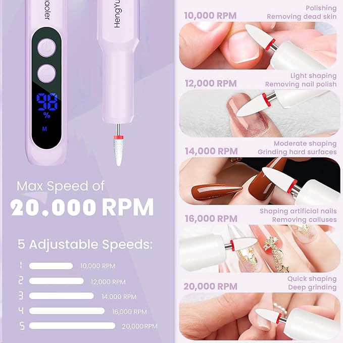 Cordless Electric Nail Drill Professional 3 Speeds Nail Drill Kit for Acrylic Gel Dip, USB Portable Rechargeable 20000 RPM Efile Manicure Pedicure Polishing Shape Tools(Purple)