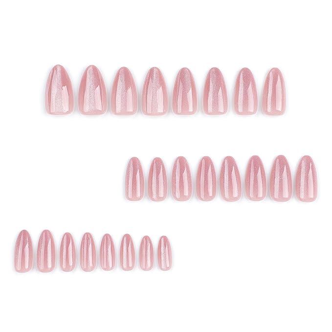 Almond Press on Nails Medium - Pink Fake Nails with Glitter Design - Glossy False Nails Full Cove Stick on - for Women 24 Pcs