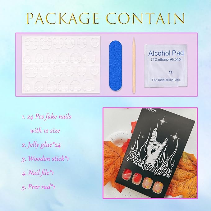 Square Press on Nails Short Fake Nails Colorful Flower Heart Design Glue on Nails Flowers Acrylic Nails Press ons Red Full Cover False Nails Glossy Artificial Stick on Nails Women Girls 24 Pcs