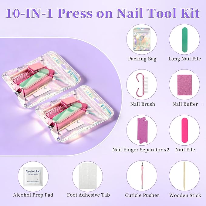 TADOPRO 5PCS Press On Nail Tool Kit, Disposable Nail Prep Kit for Toenails Salon Home Nail Business Supplies with Toe Separators, Nail File, Handle Grip Nail Brush, Cuticle Trimmer Push, Nail Buffer