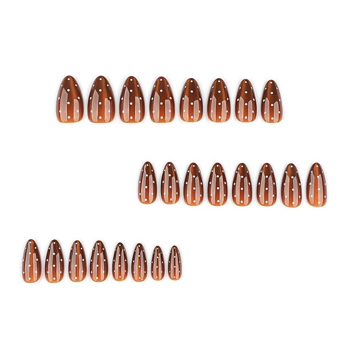 Brown Cat Eye Polka Press On Nails Medium Almond, Salon-Quality Acrylic Fake Nails, Stylish Design, Reusable Stick-Ons, Spring Summer DIY Nail Art Kit for Women | Daily/Party Gift 12/24 Pcs