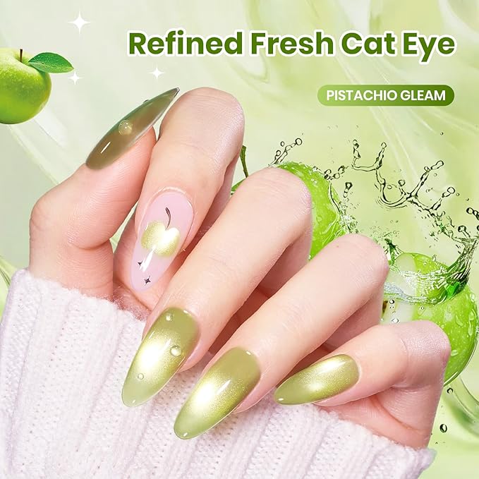 Beetles Taste of Spring Green Cat Eye Gel Nail Polish - 15ML Spring Gel Polish Sage Green Cat Eye Glitter Magnetic Translucent Glassy Effect Pistachio Gleam Soak Off UV DIY Stpatrick Gift for Women