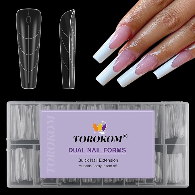 TOROKOM 150PCS Coffin & Stiletto Dual Forms for Poly Nail Gel, Clear Acrylic Nail Tips, Full Cover Reusable Nail Molds, 15 Sizes, Salon & DIY
