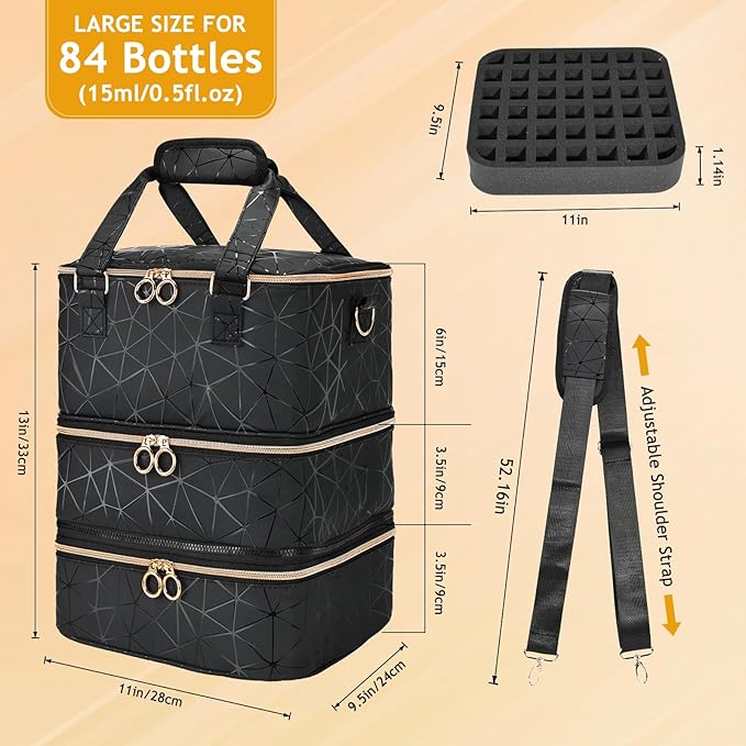 Large Nail Polish Organizer Bag Holds 84 Bottles Nail Polish and a Nail Lamp, PU Leather Nail Kit Storage Carrying Case, Removable Portable Travel Nail Art Tool Storage