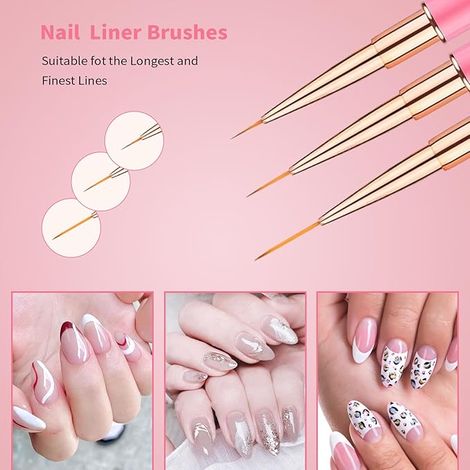 Nail Art Brushes Set - Professional 5pcs Double-Ended Acrylic Nail Art Brushes Liner Detail Thin Brushes For Drawing Design Brushes Gel Builder Brushes 3D Nail Art Tools (Pink)