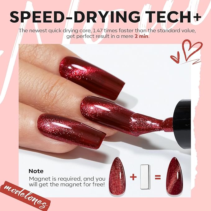 modelones Red Nail Polish Set 6 Colors, Valentines Cat Eye Burgundy Glitter Dark Purple Quick Dry Mini Nail Lacquer Kit Magnetic DIY Home Nail Art Manicure Gifts for Women Girls
