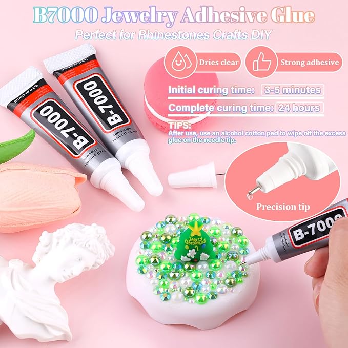 14000Pcs Flatback Pearls and Rhinestones for Crafting, Green White Mixed Size 3-8mm Resin Rhinestones and Half Pearls for Bedazzling, Nail Art and Decoration with 3pcs B7000 Jewelry Glue